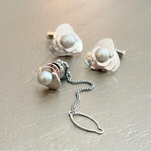 Vintage 925 Sterling Silver Gray Pearl Cufflinks Tie Pin Matching Set Estate MCM